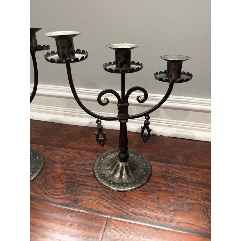 Pair Antique Hugo Berger Goberg Arts & Crafts Wrought Iron 3-Branch Candelabras - Picture 2 of 5